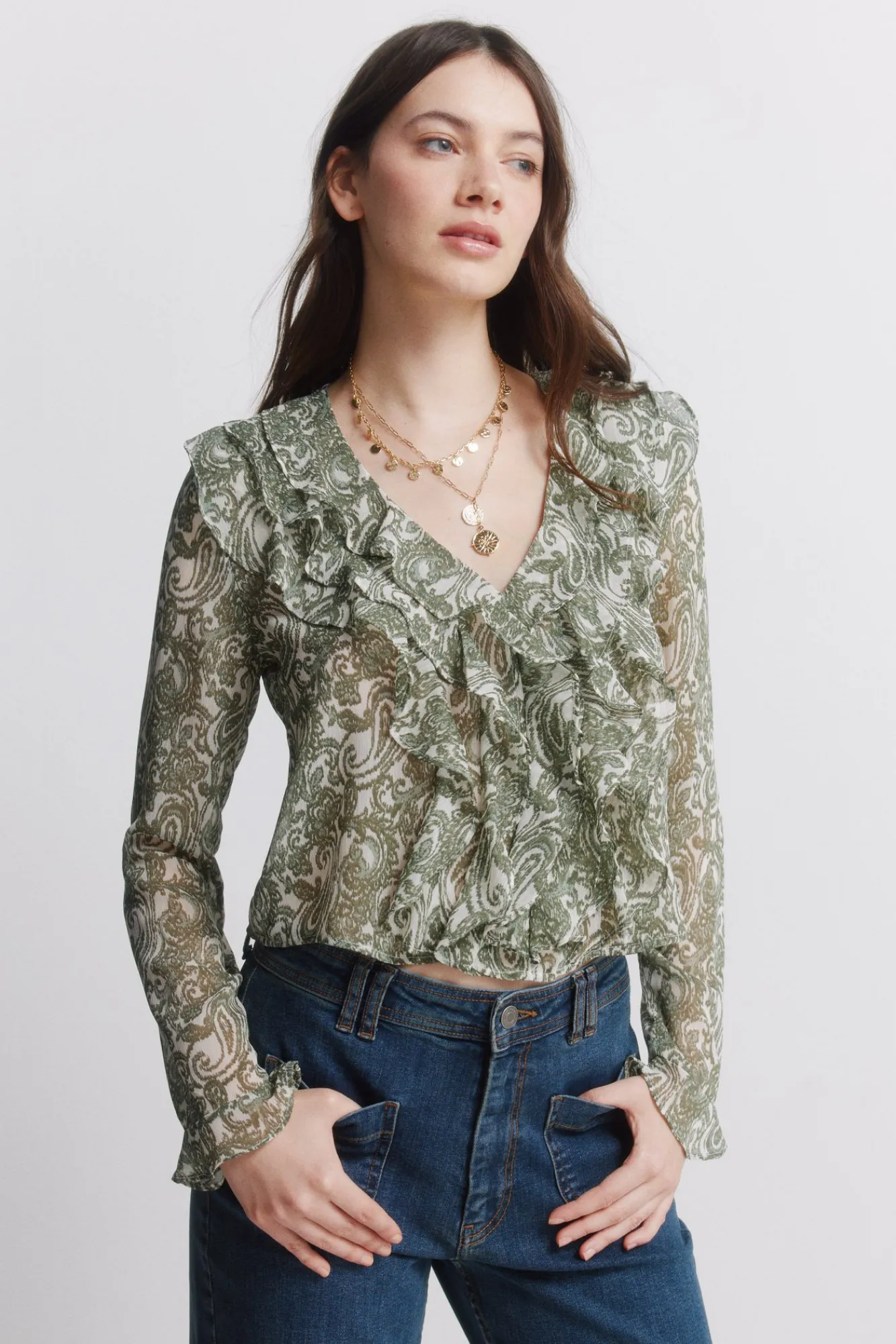 New Springfield Blouse à volants imprimée en gaze beige