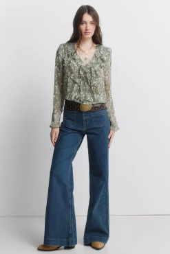 New Springfield Blouse à volants imprimée en gaze beige