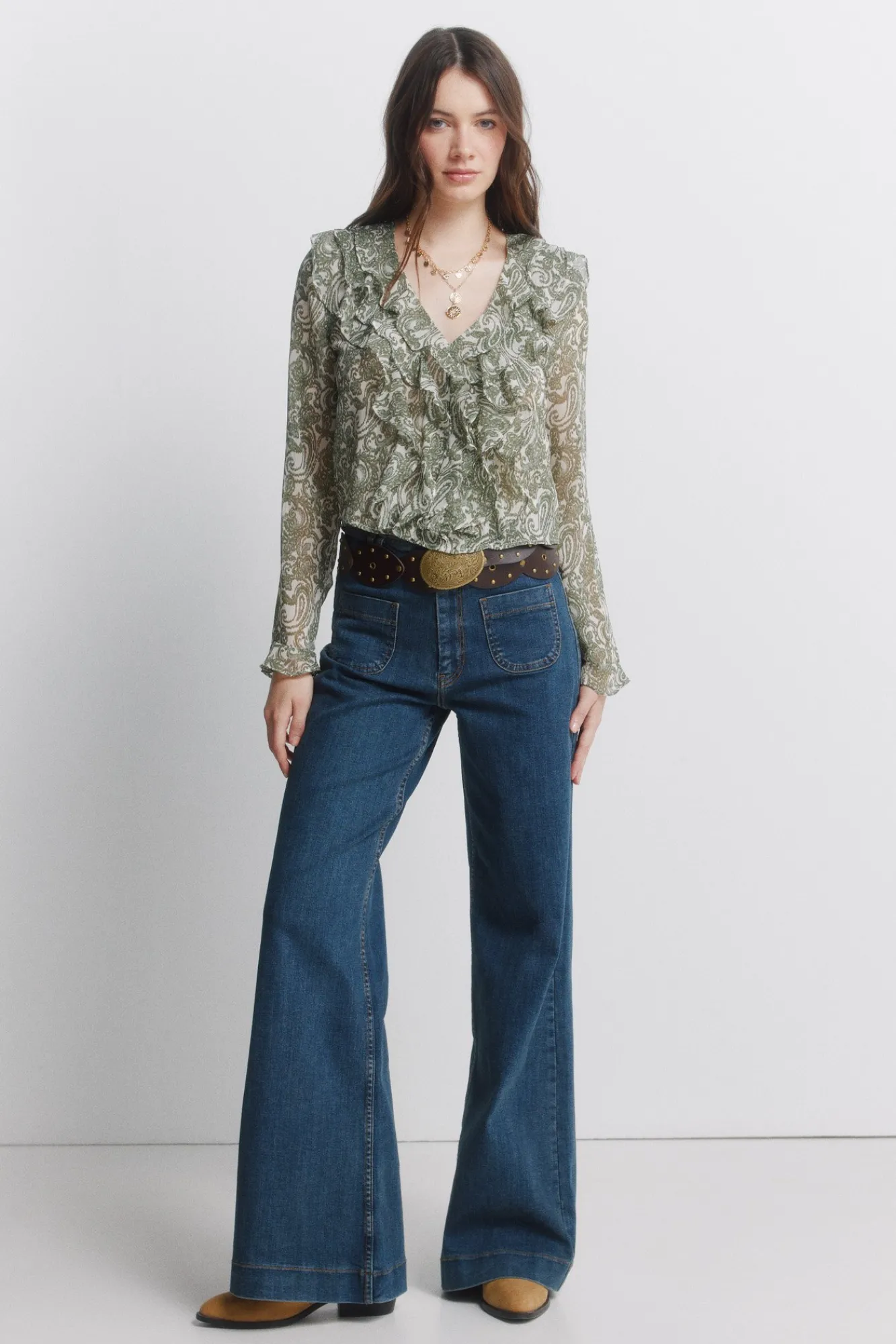 New Springfield Blouse à volants imprimée en gaze beige