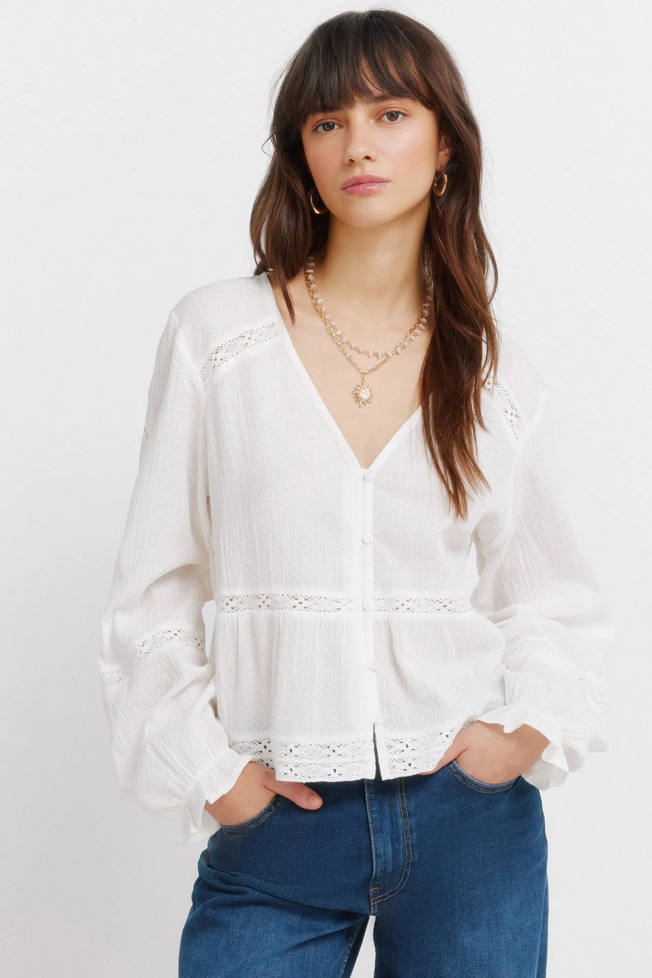 Springfield Blouse romantique blanche marron