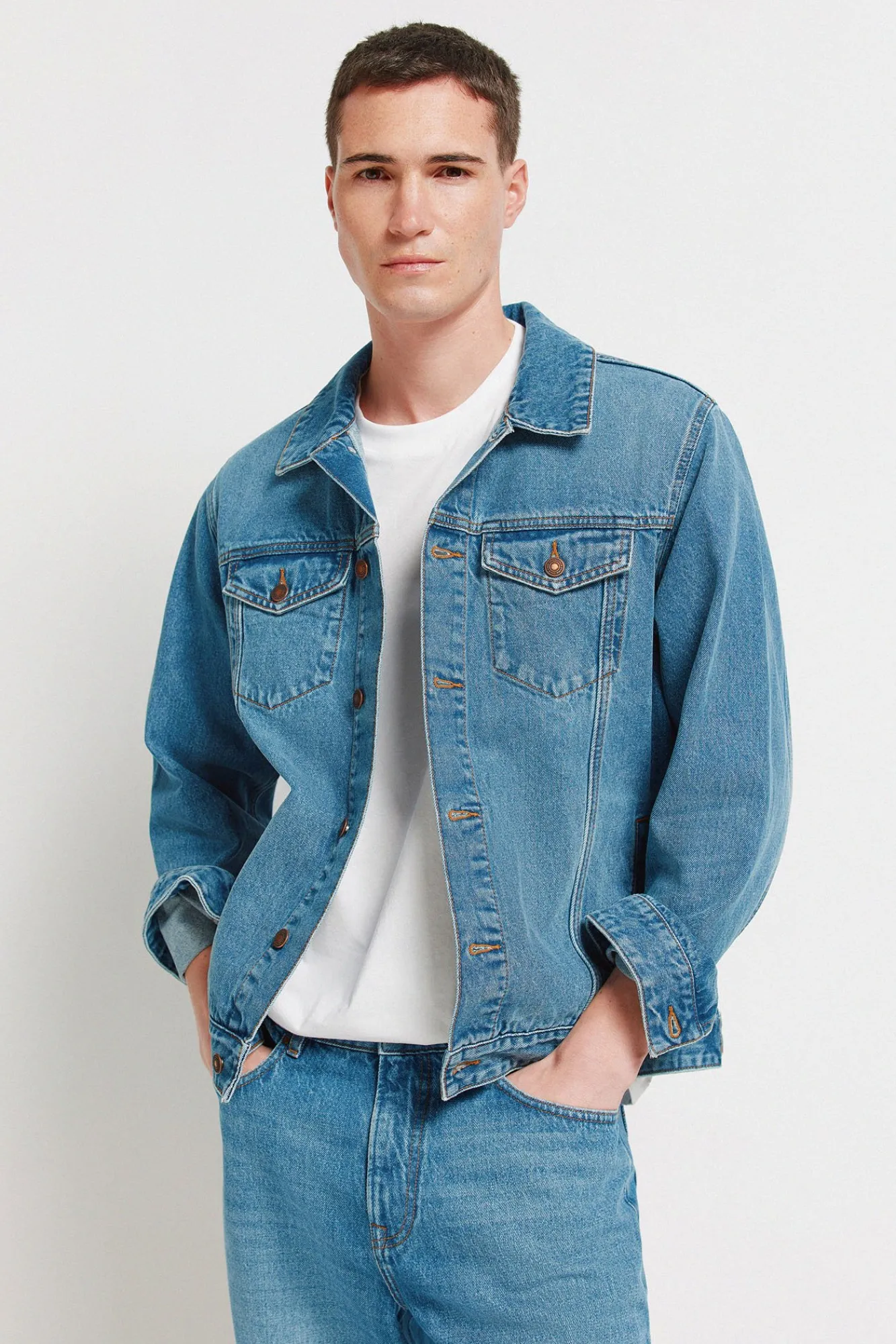 New Springfield Blouson en denim délavé moyen foncé bleu