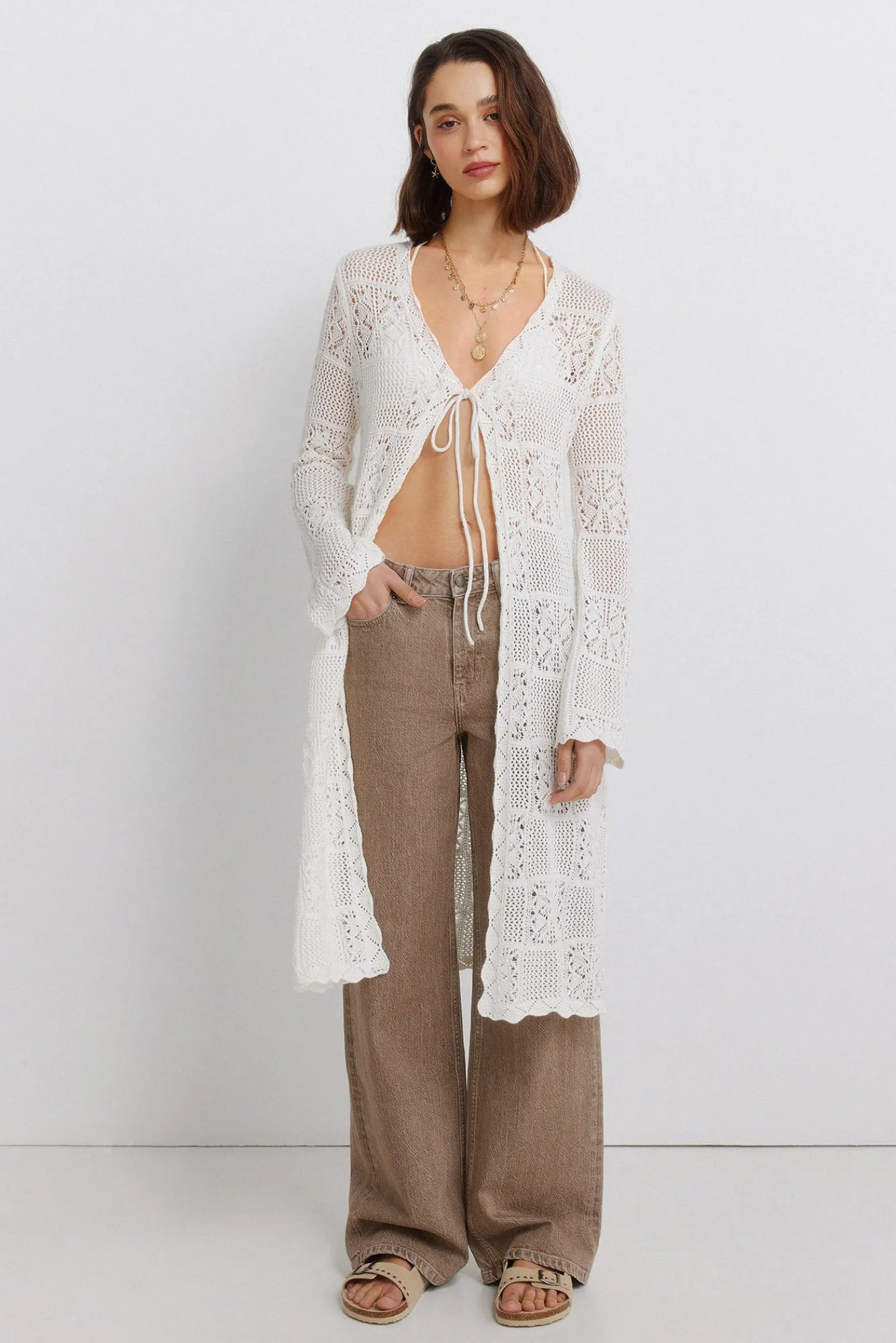 Sale Springfield Cardigan long en pointelle marron