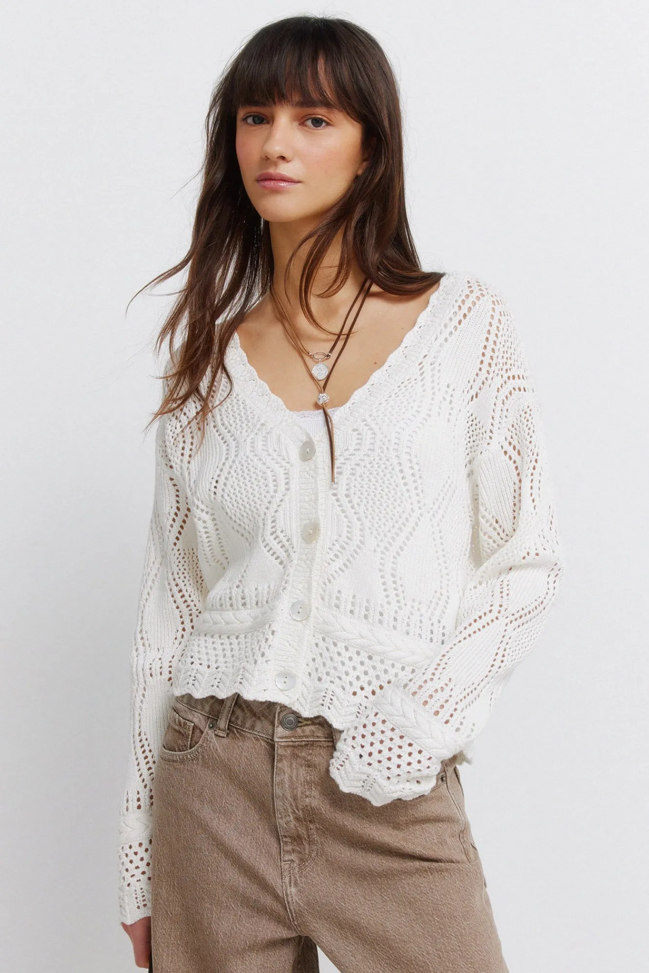 New Springfield Cardigan pointelle marron