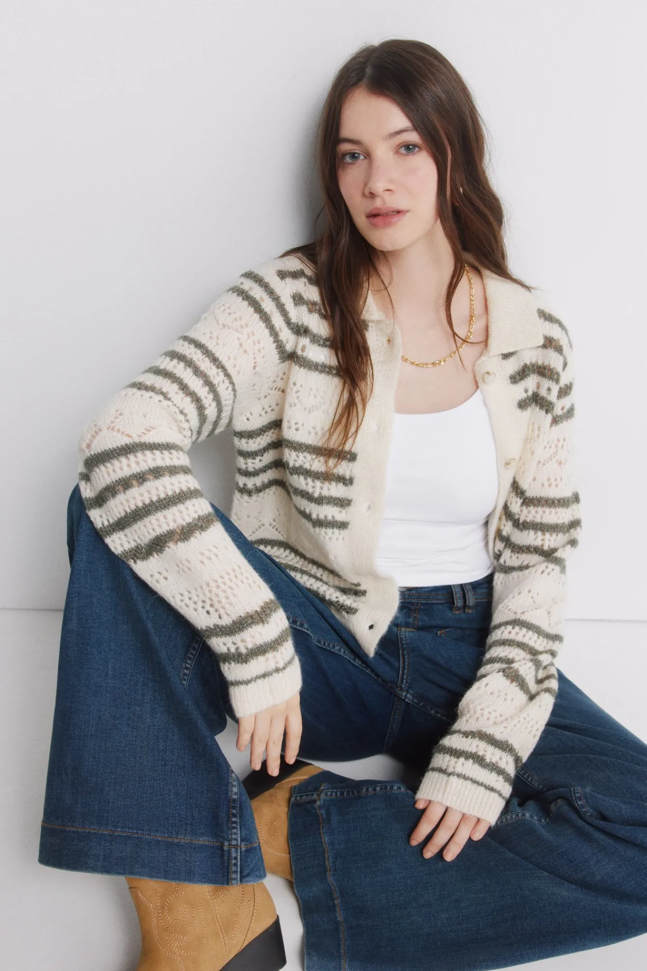 Online Springfield Cardigan pointelle à rayures marron