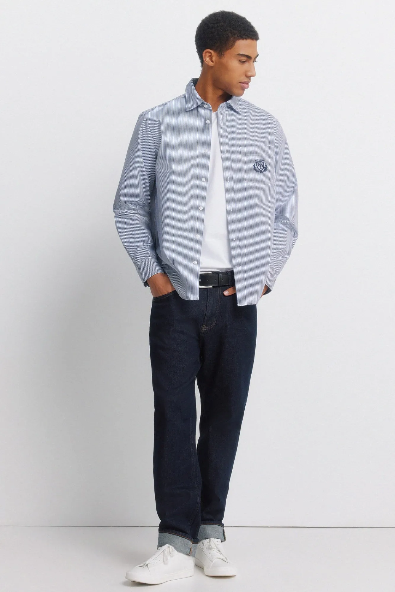 New Springfield Chemise à rayures brodée sur la poche bleu