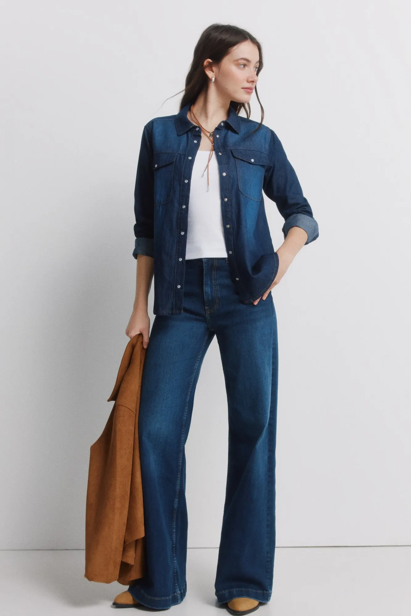 Hot Springfield Chemise en jean avec poches en coton bleu
