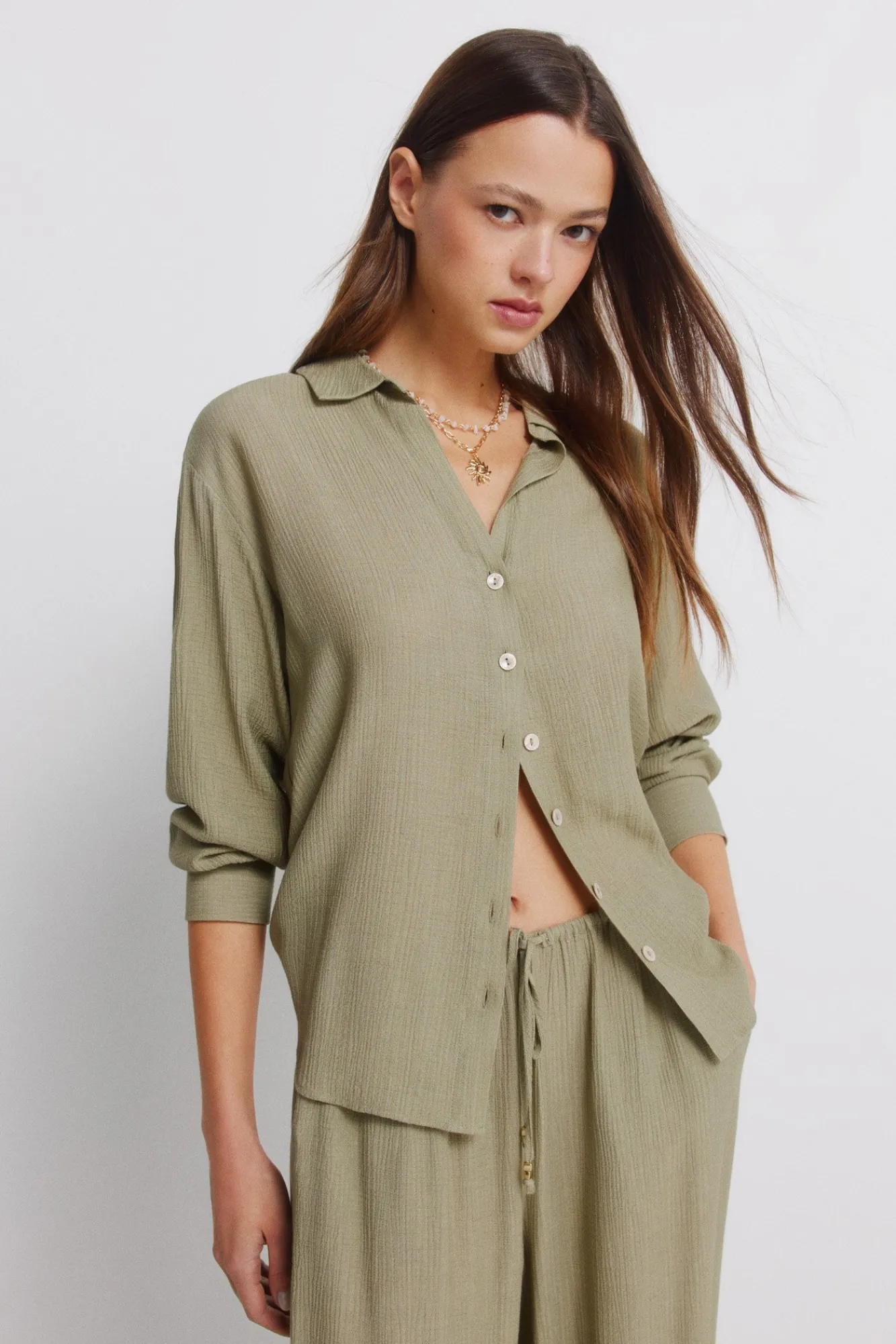 Hot Springfield Chemise manches longues à rayures beige