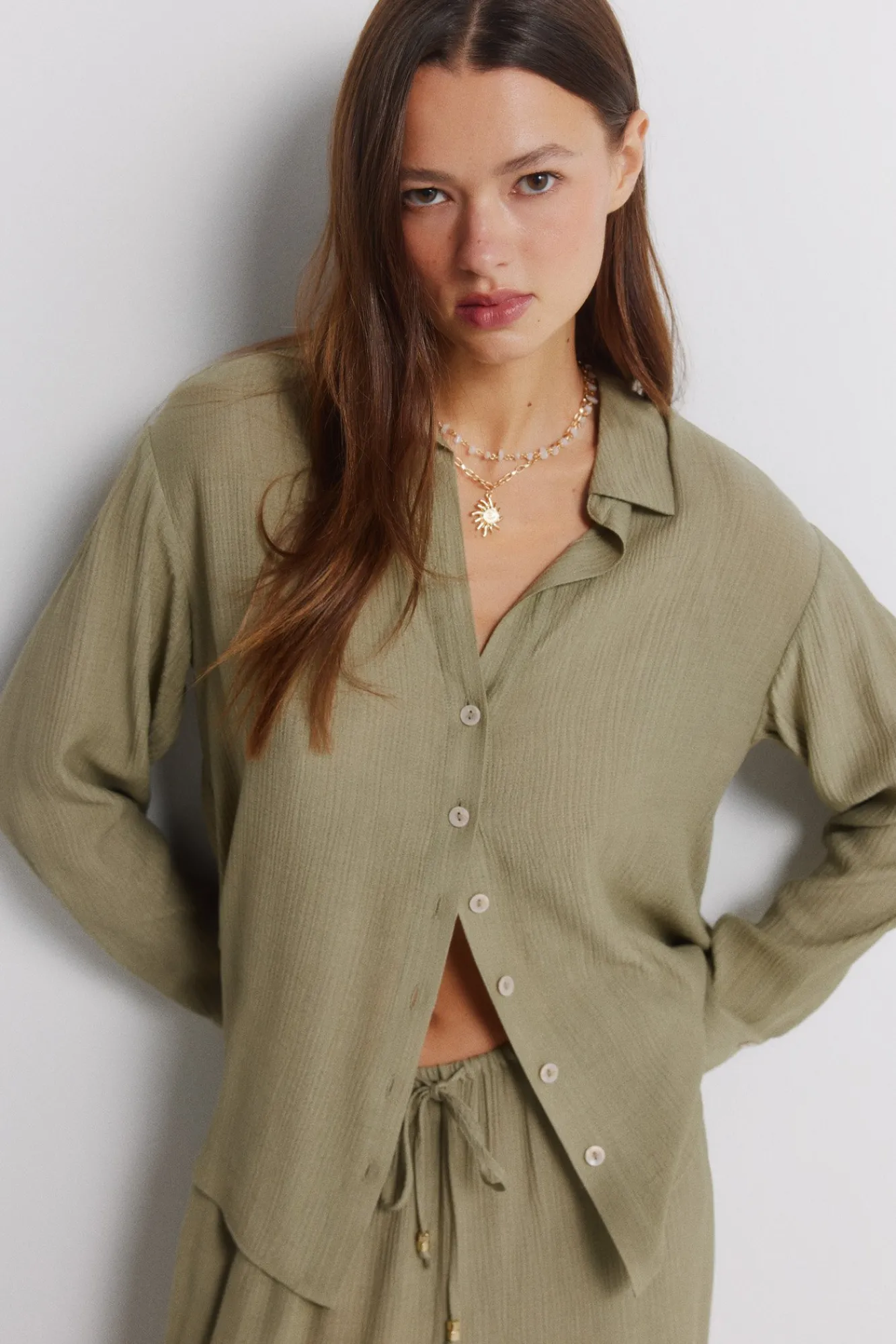 Hot Springfield Chemise manches longues à rayures beige