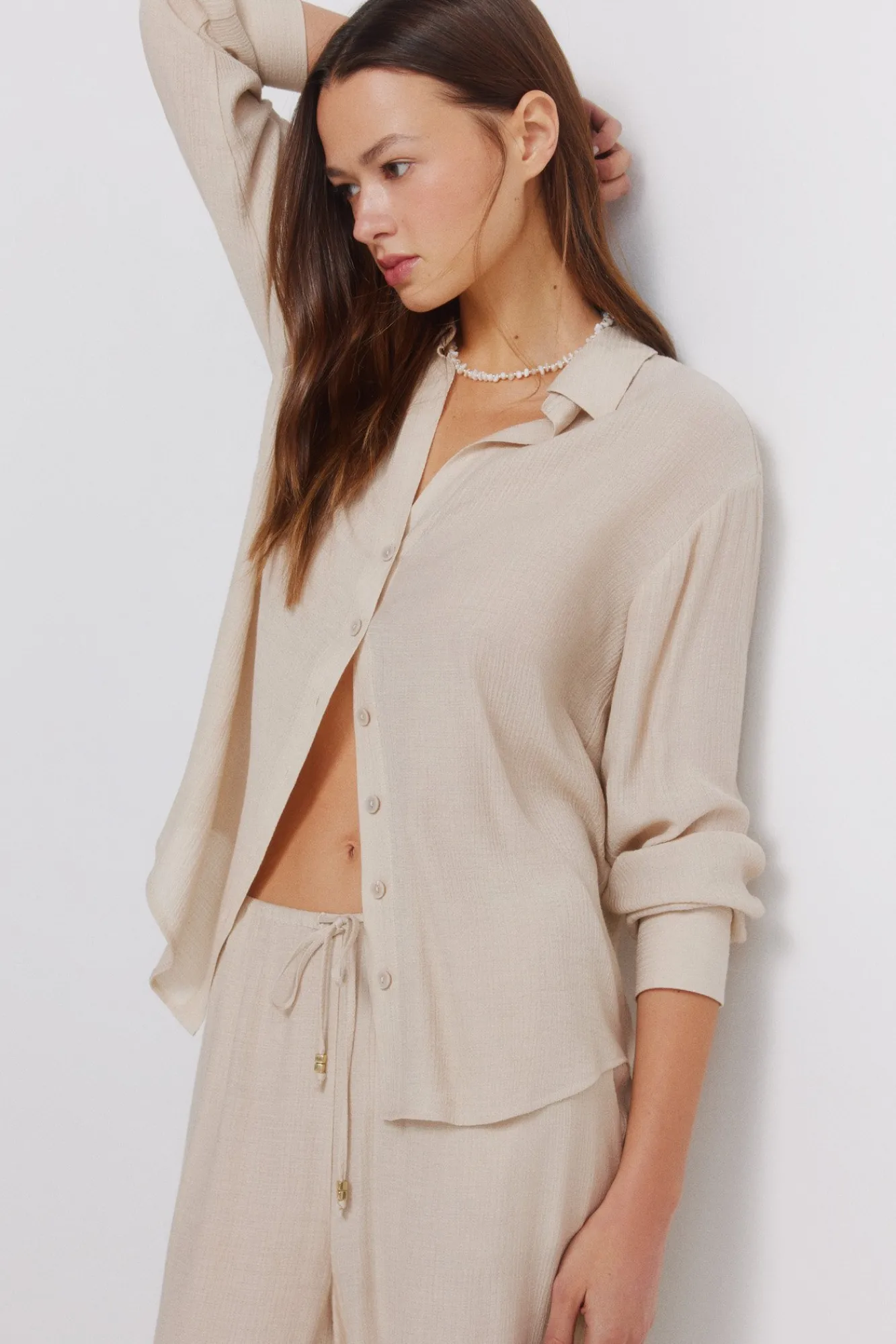 Hot Springfield Chemise manches longues à rayures beige