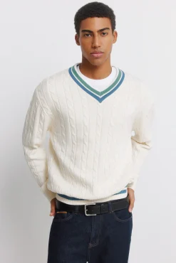 Discount Springfield Pull à torsades col en V blanc