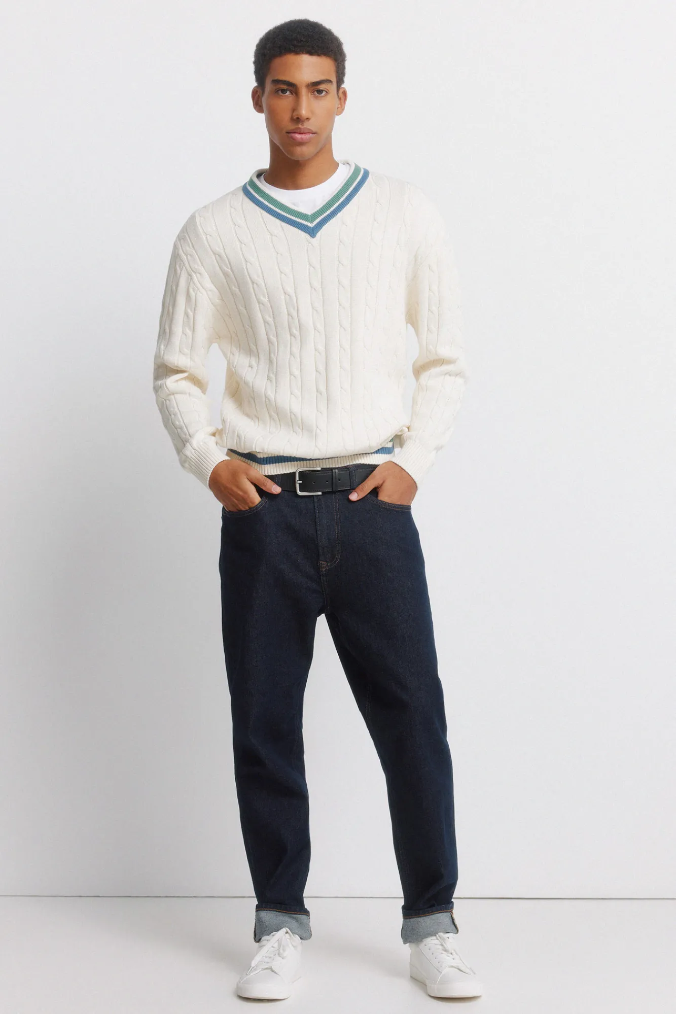 Discount Springfield Pull à torsades col en V blanc