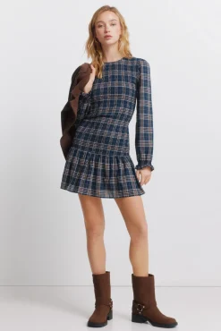 Springfield Robe courte à carreaux et smocks bleu