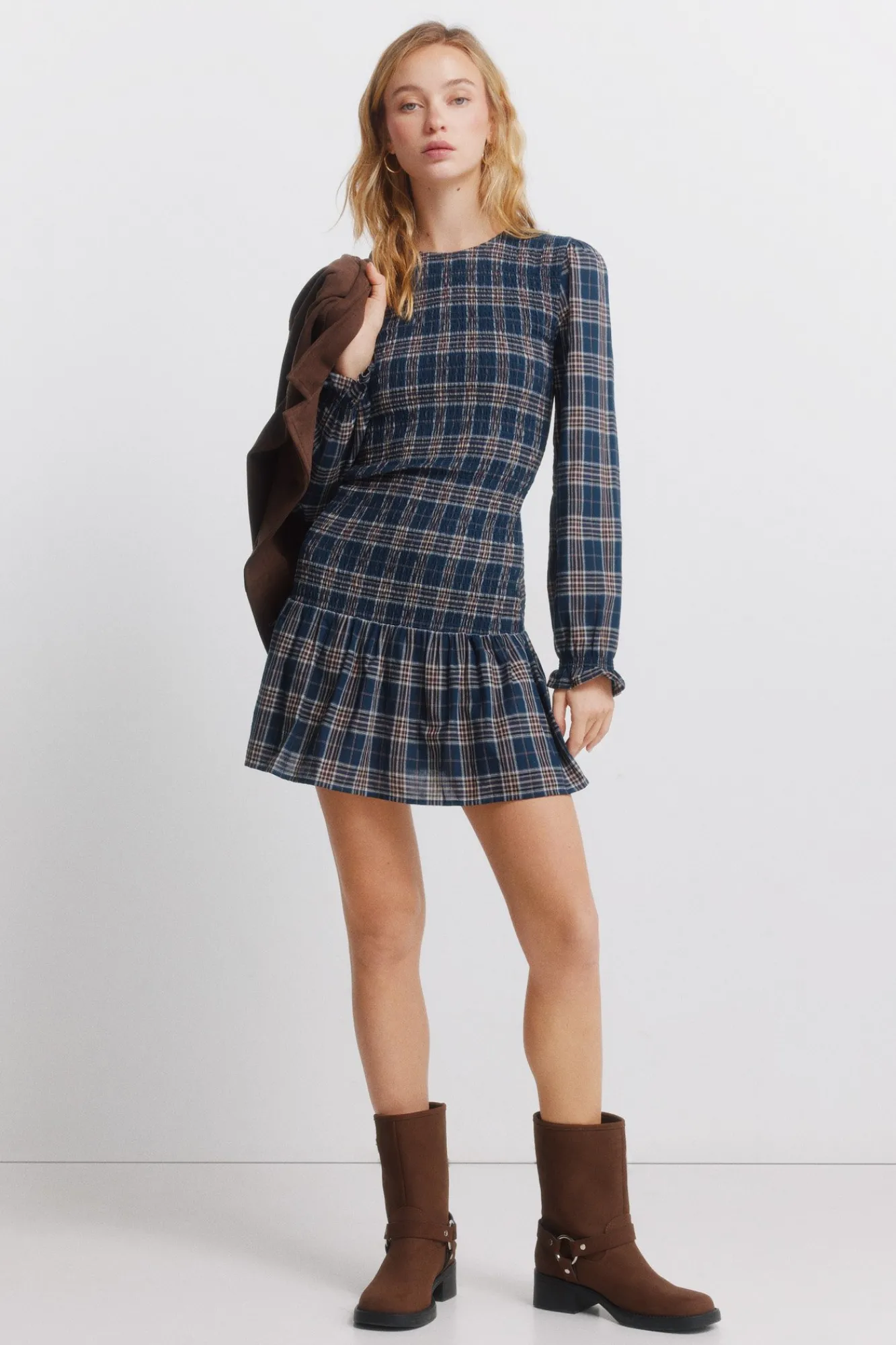 Springfield Robe courte à carreaux et smocks bleu
