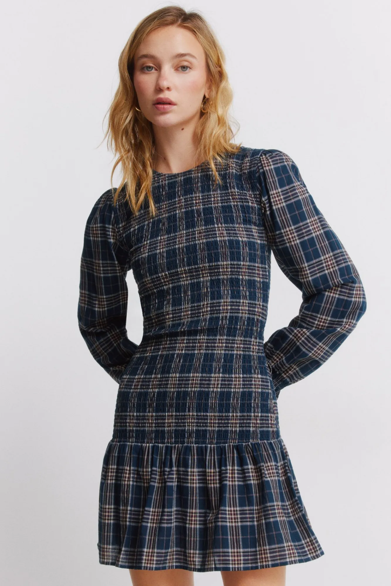 Springfield Robe courte à carreaux et smocks bleu