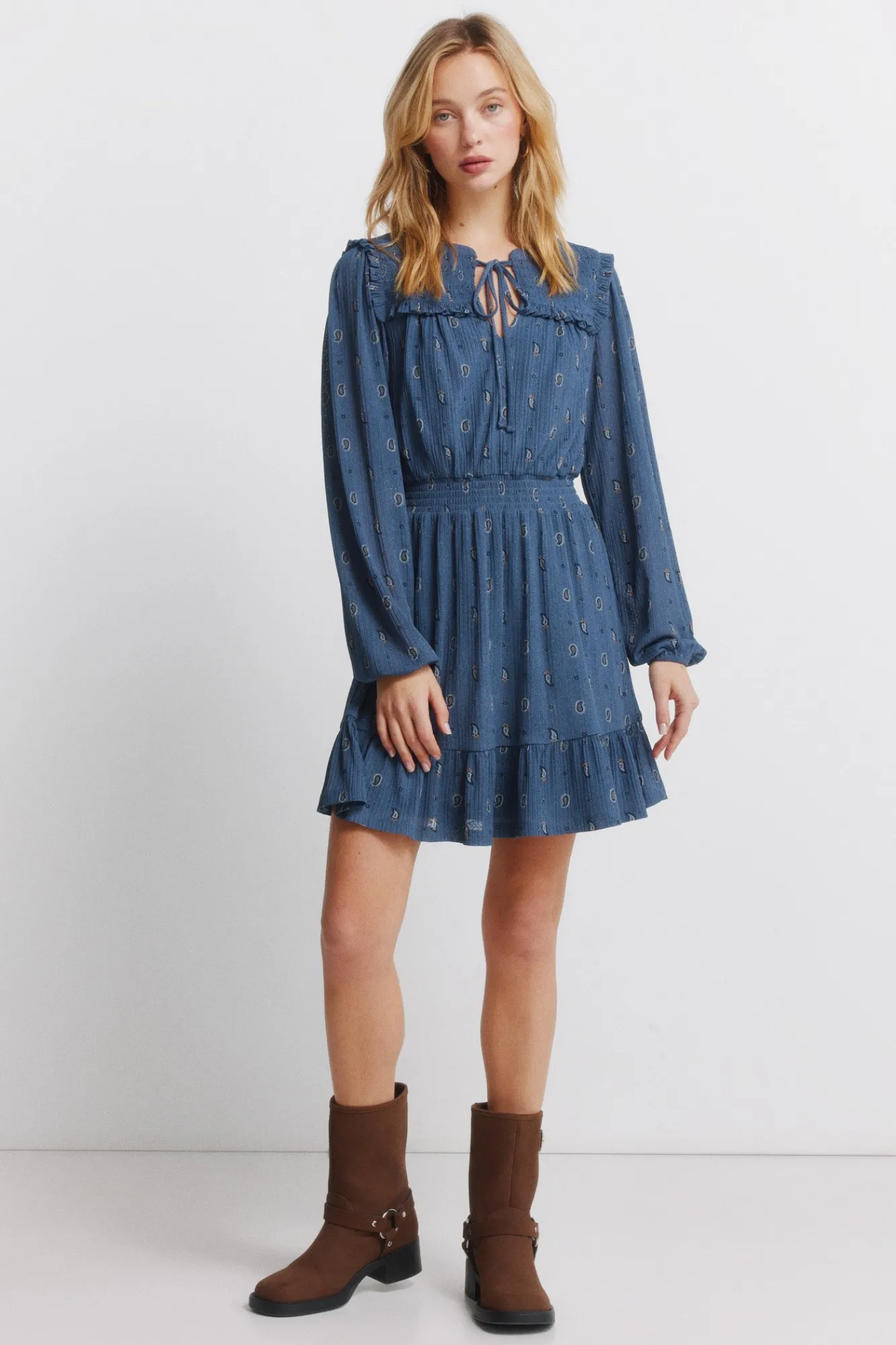 New Springfield Robe courte à manches longues à volants bleu