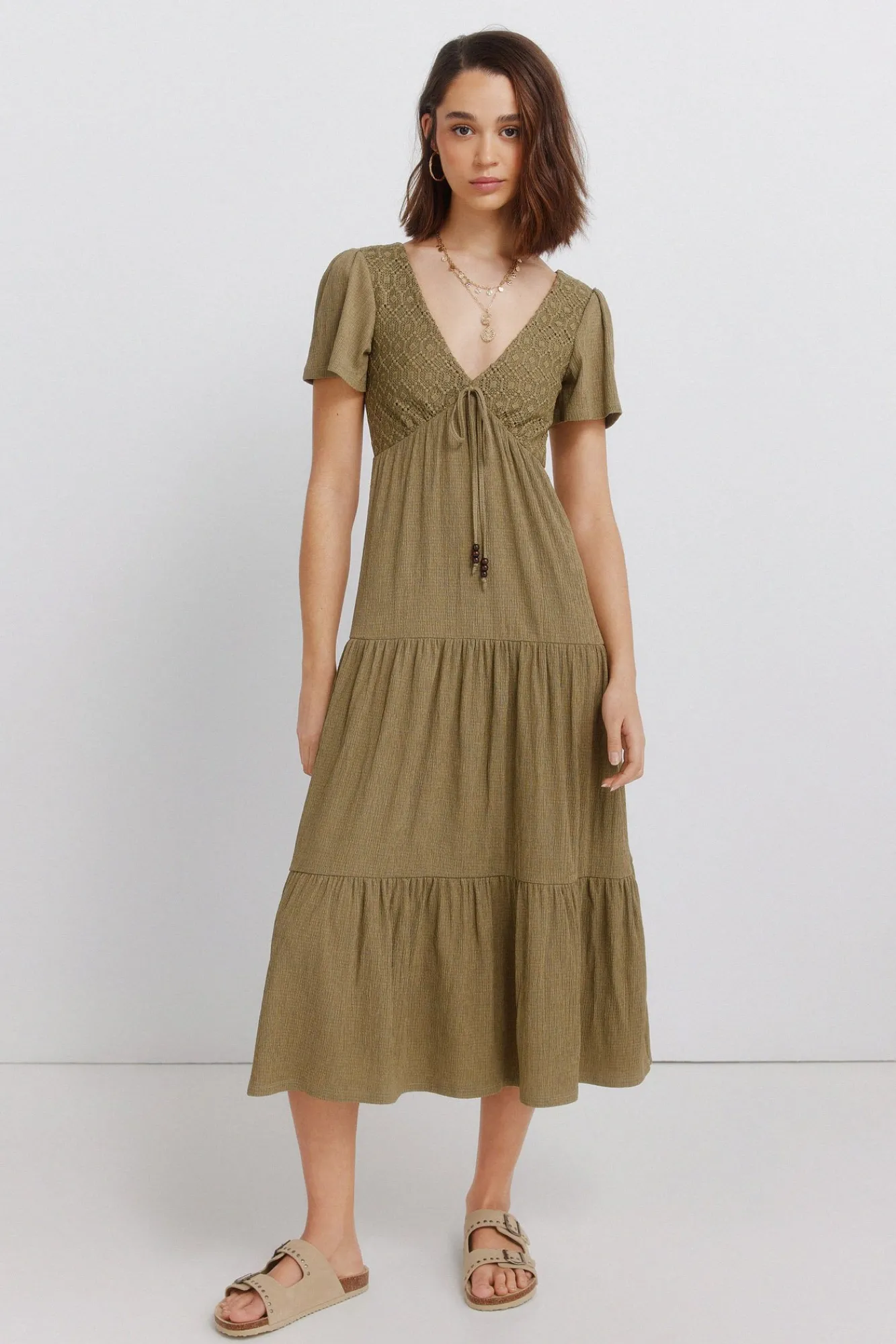 Best Springfield Robe midi à volants beige