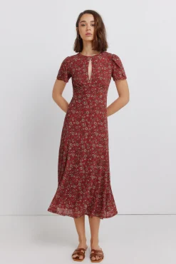 New Springfield Robe midi col choker imprimée bordeaux