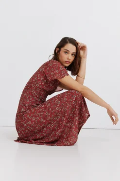 New Springfield Robe midi col choker imprimée bordeaux