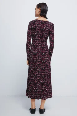 Hot Springfield Robe midi imprimé à décolleté froncé noir