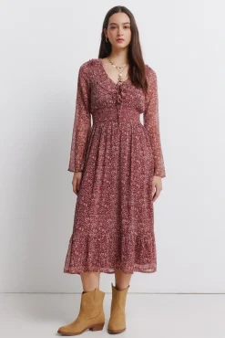 Sale Springfield Robe midi imprimé avec décolleté à volant rouge
