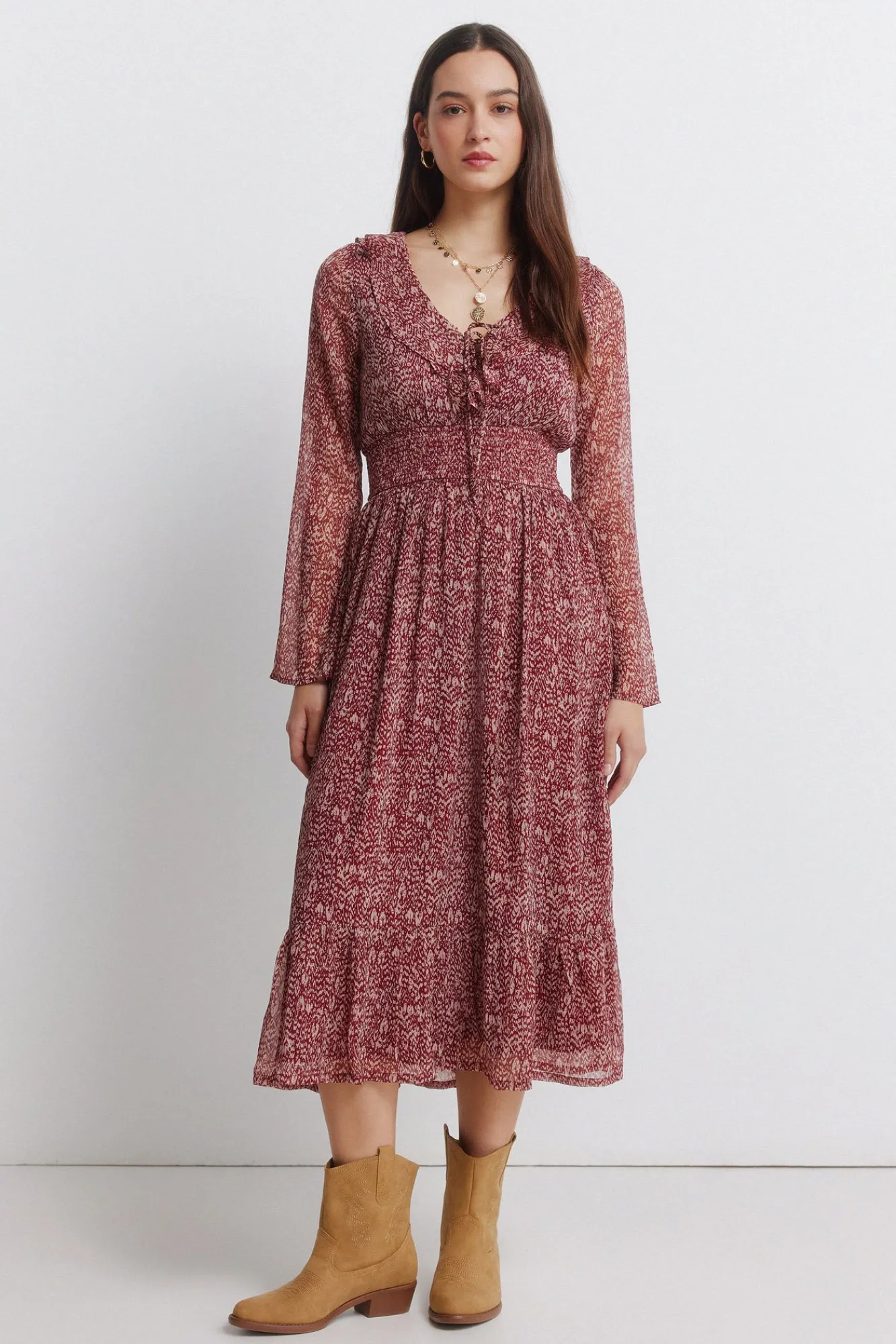 Sale Springfield Robe midi imprimé avec décolleté à volant rouge