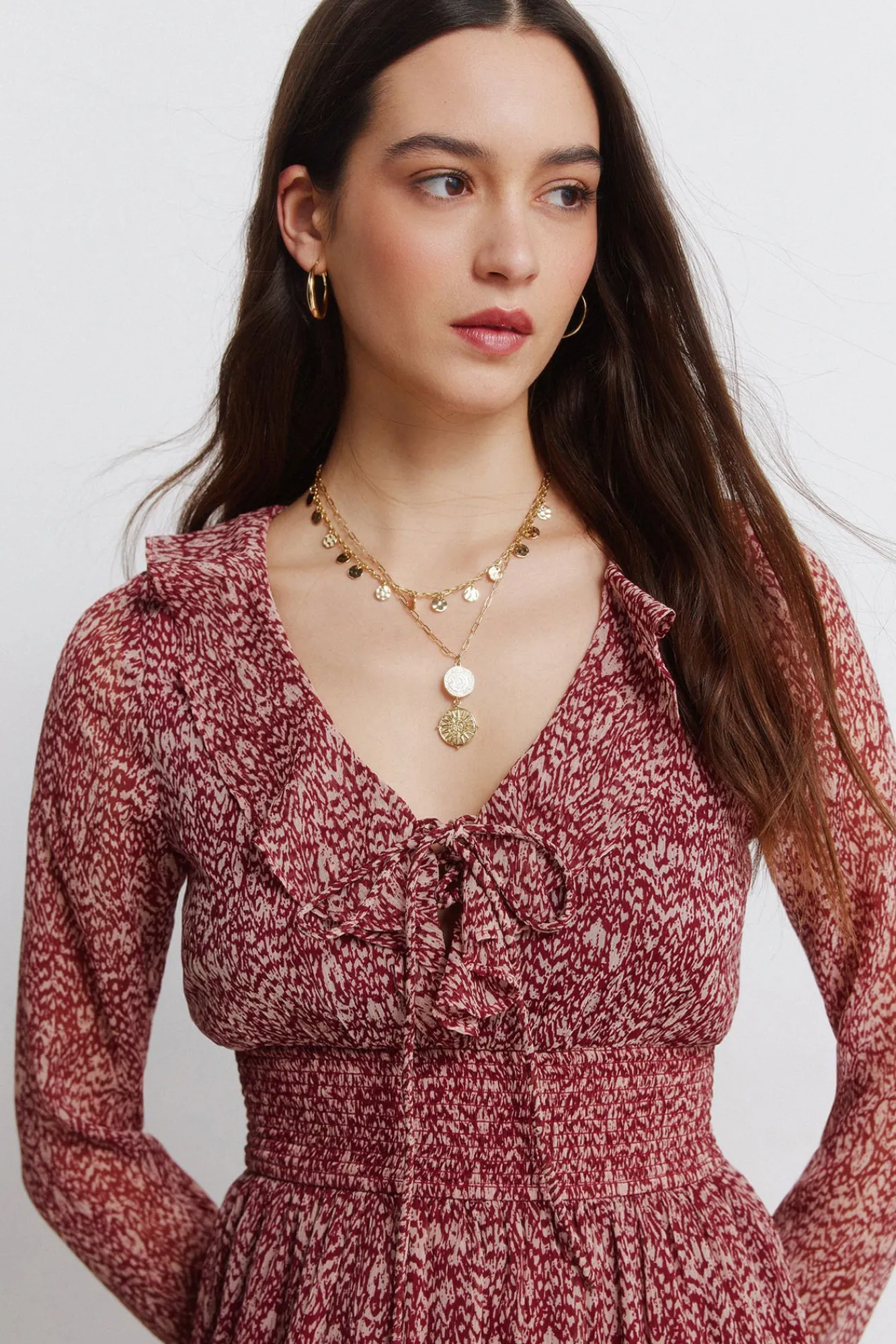 Sale Springfield Robe midi imprimé avec décolleté à volant rouge