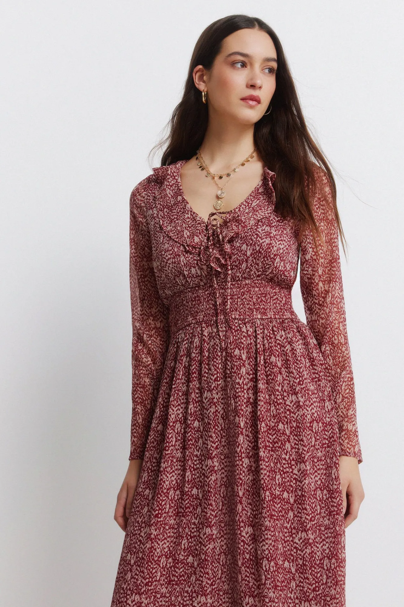 Sale Springfield Robe midi imprimé avec décolleté à volant rouge