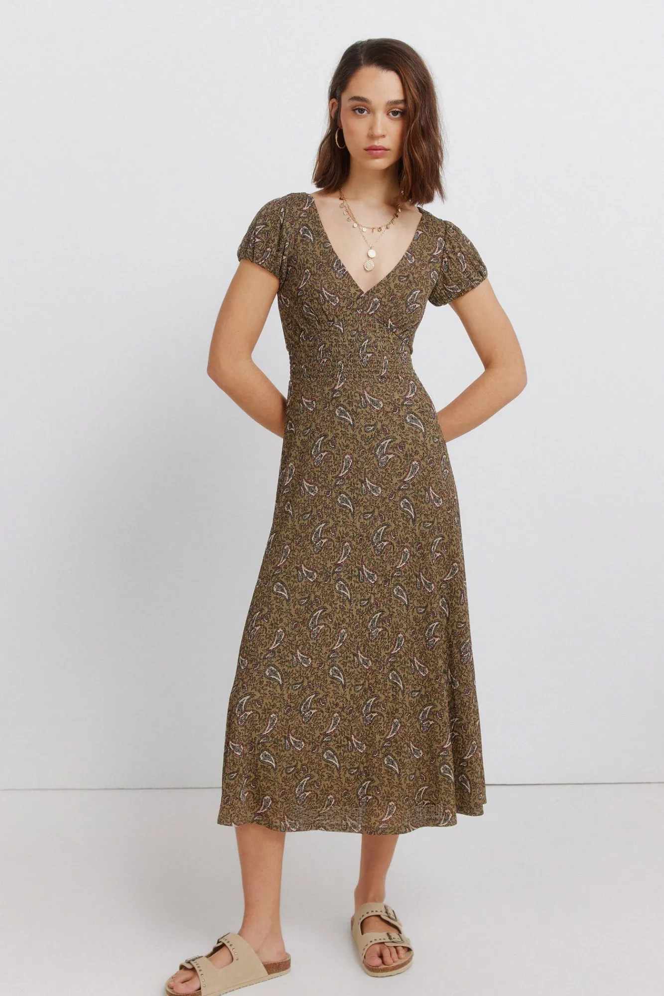 Discount Springfield Robe midi imprimé frise beige