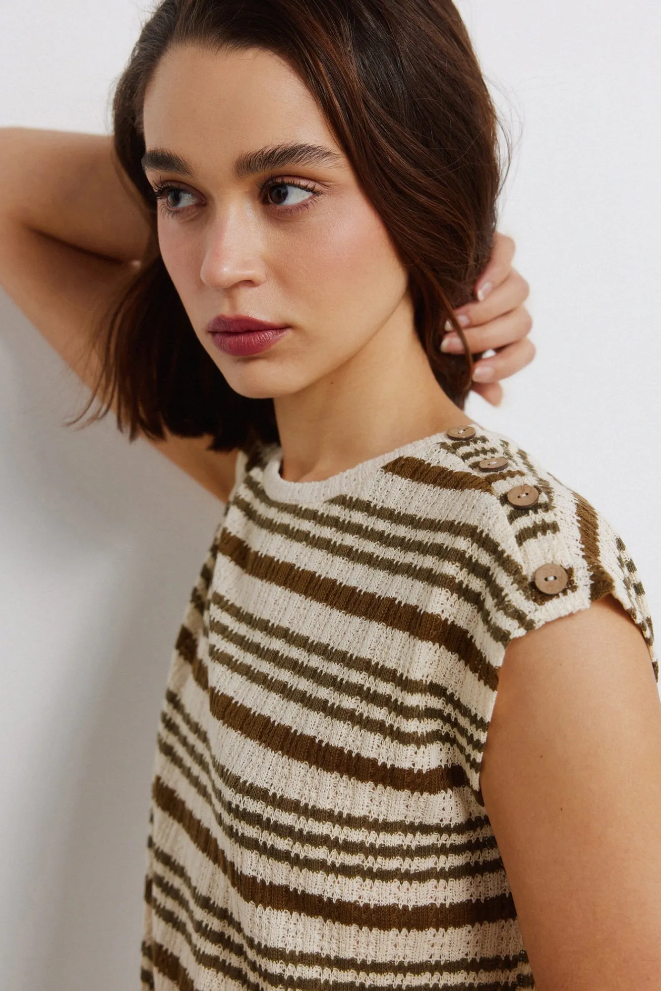Online Springfield T-shirt à rayures en maille beige